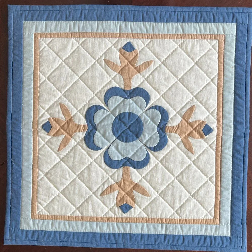 Handmade Hand Stitched Appliqué Quilted Floral Wall Hanging Table Topper Blue